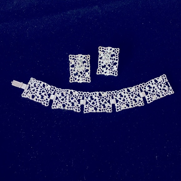 Vintage Silvertone Panel Bracelet and Earring Set - Picture 1 of 7